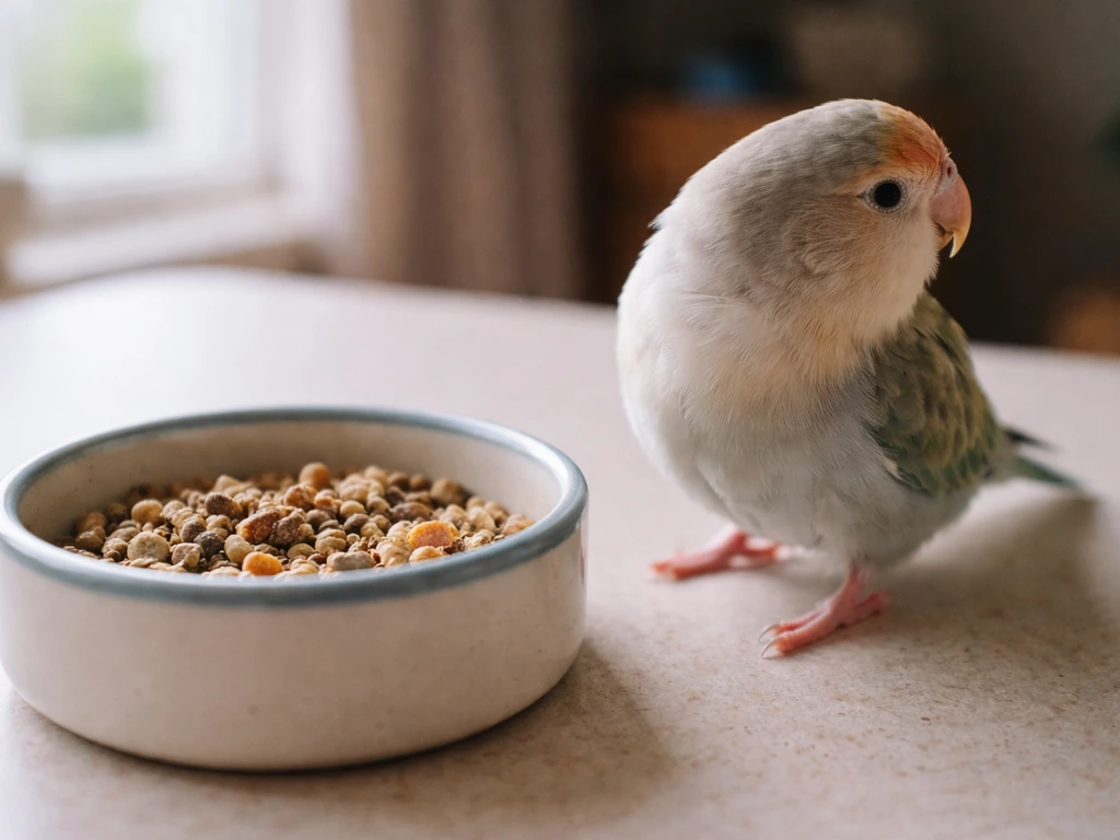 Pet bird near a dry, stale food bowl, sniffing then turning away as if refusing to eat.