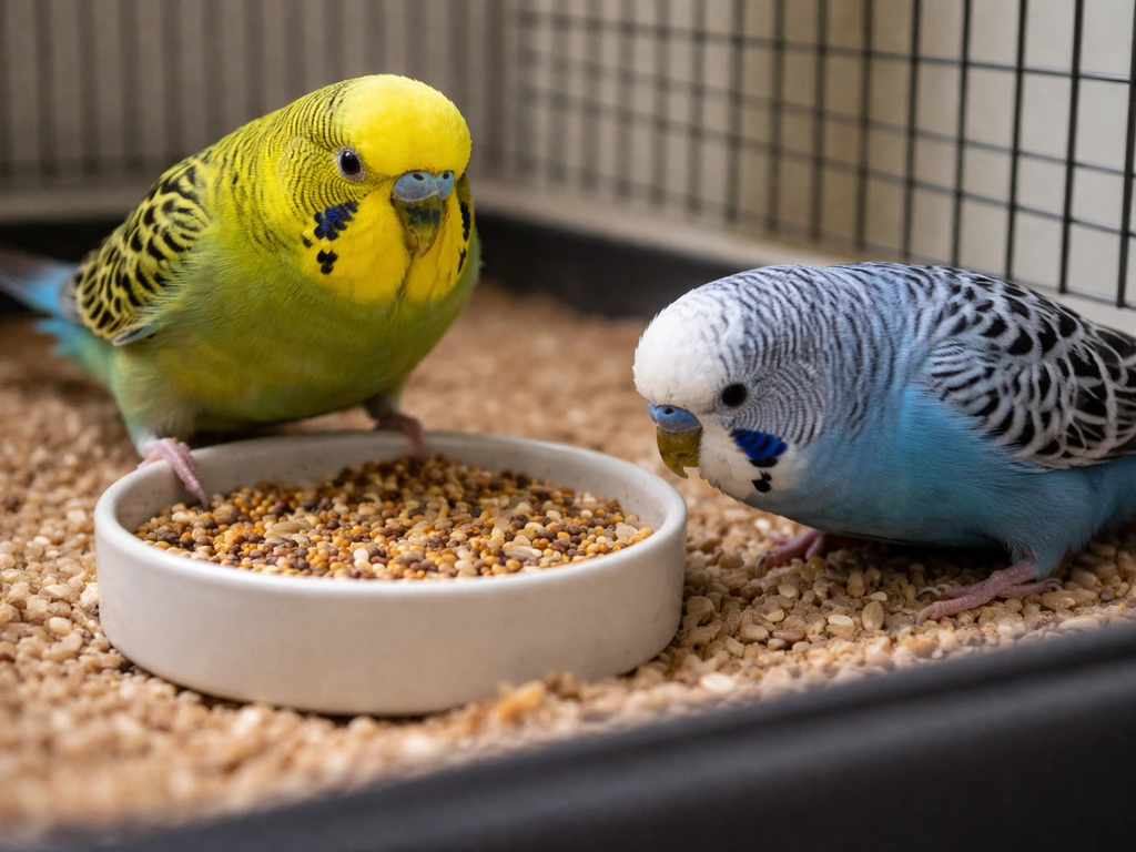 Two birds in a cage compete at one food bowl, one guarding while the other is displaced.