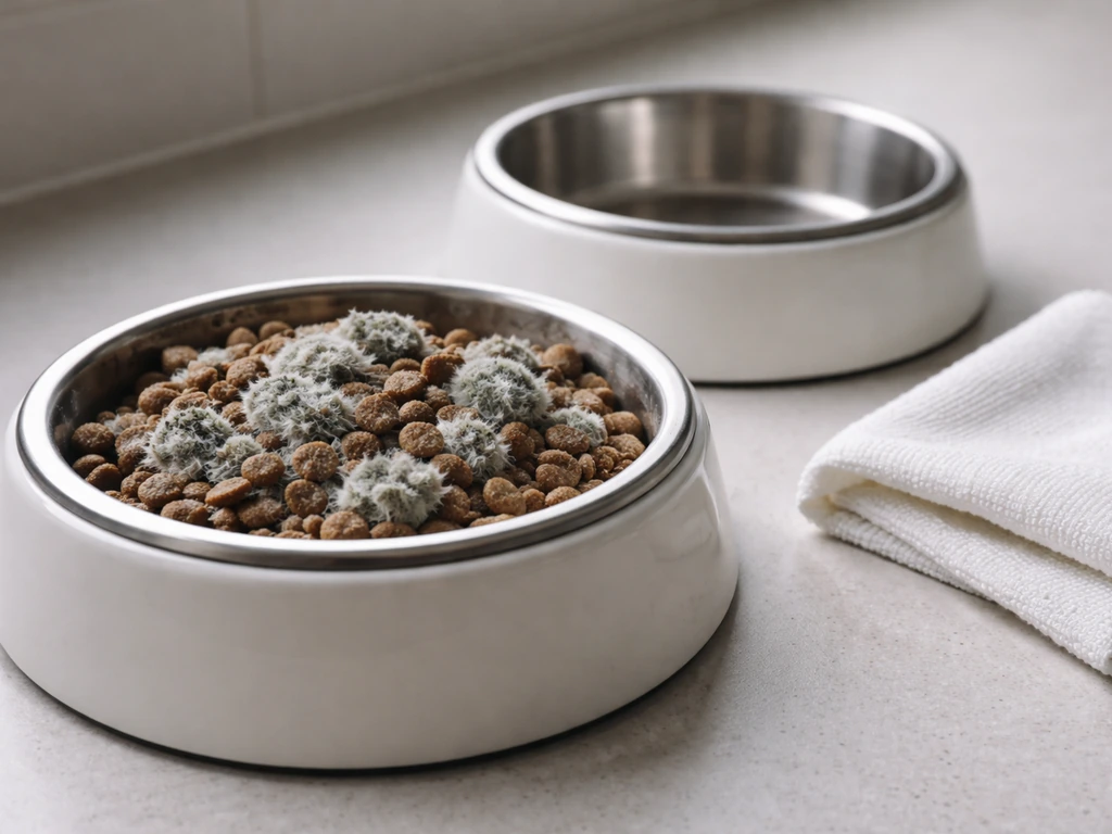 Close-up of a pet food bowl with visible fuzzy mold, beside a clean, empty bowl and cleaning cloth