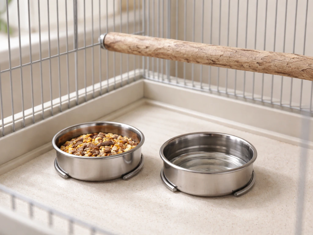 Stainless-steel food and water bowls inside a birdcage, placed away from perches for safety.