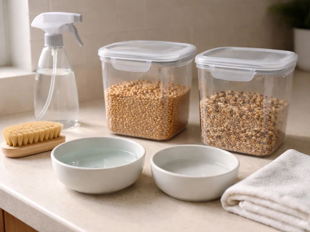 Clean bowls and airtight containers for bird pellets/seed on a kitchen counter with simple cleaning tools