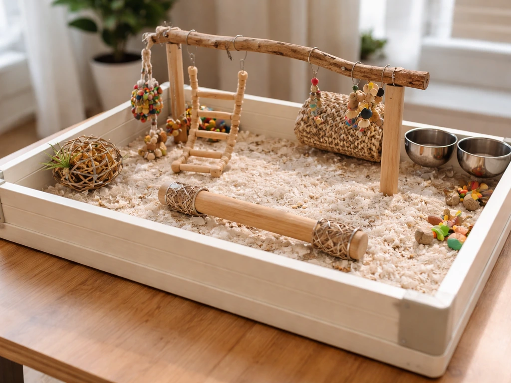 Close-up of an open-top bird play table with visible side rails and no roof above the enclosure.