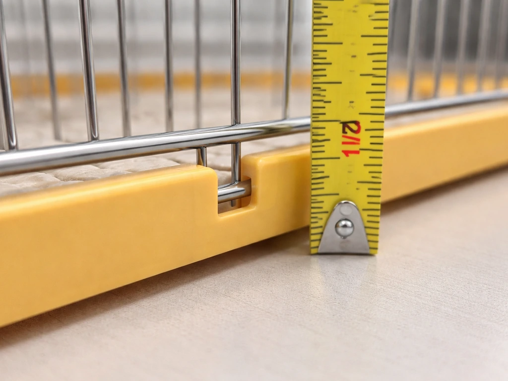 Close-up of cage bars on a stable base with a tape measure showing a very small gap.