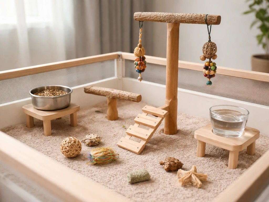 Open-top enclosure table with varied perches, enrichment toys, and elevated food and water cups.