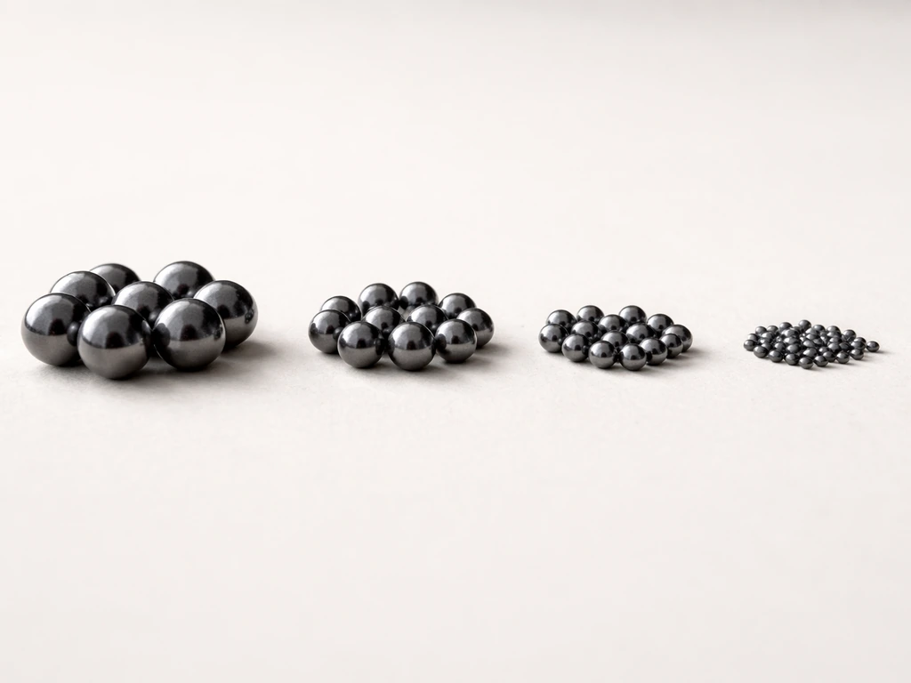 Macro photo showing shotgun pellets arranged from larger to smaller sizes on a neutral surface.