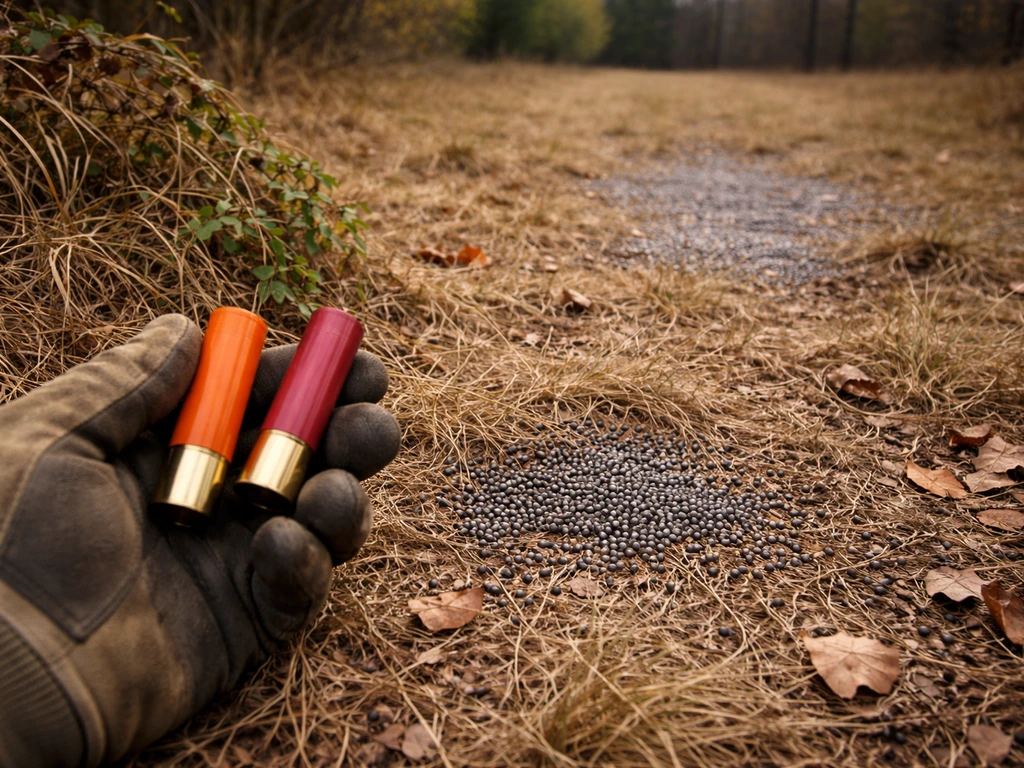 Close-up of pellets on grass showing a tight dense scatter versus a wider spread near cover.