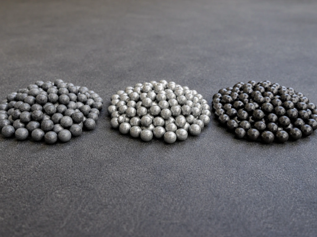 Side-by-side close-up of lead, steel, and tungsten shot pellets in neutral tray lighting.