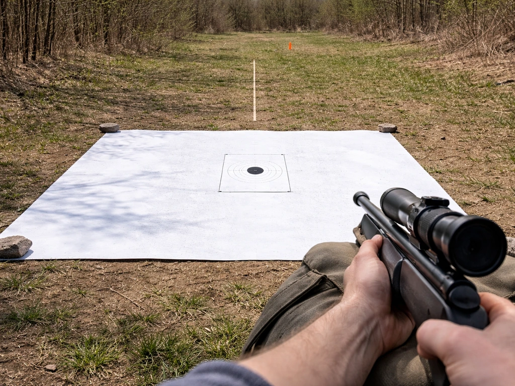 Paper target laid out outdoors with a visible marked aiming distance, showing a simple shot pattern setup.