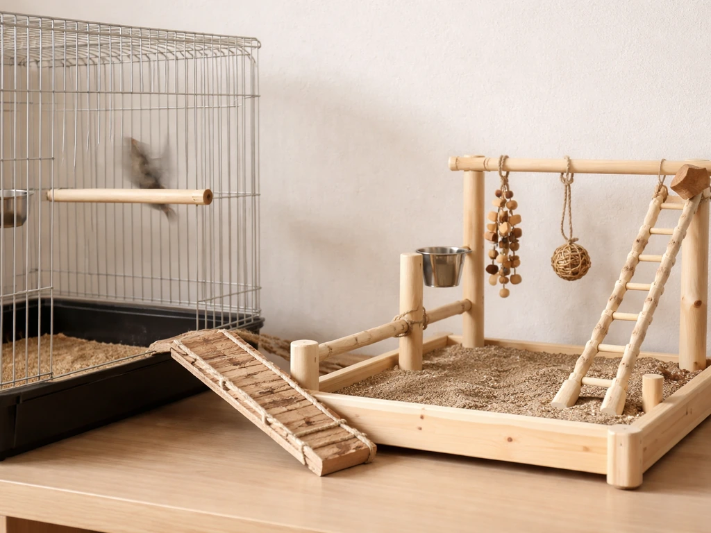 Small caged bird stand concept with wall-mounted perch transitioning to a compact tabletop play gym