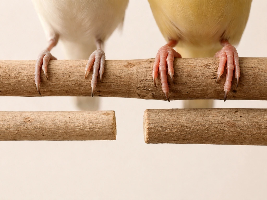 Close-up of natural wooden bird perch with small-size and medium-size grip spacing shown by two blurred birds feet
