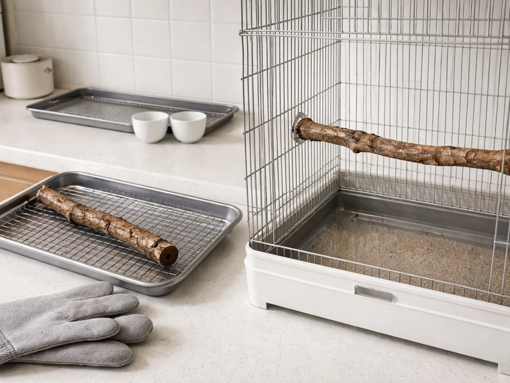 Natural branch on a perch stand with a droppings tray and cups ready for cleaning