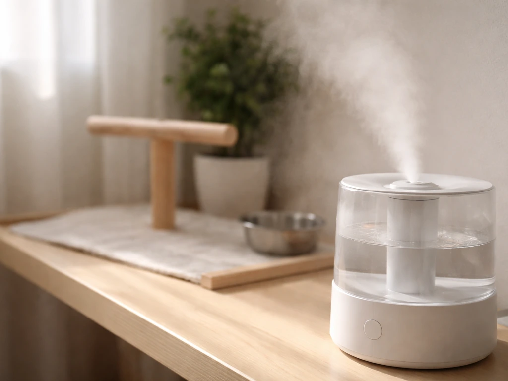 Close-up of a humidifier misting a bird cage area, showing a clear contrast between dry and humid air