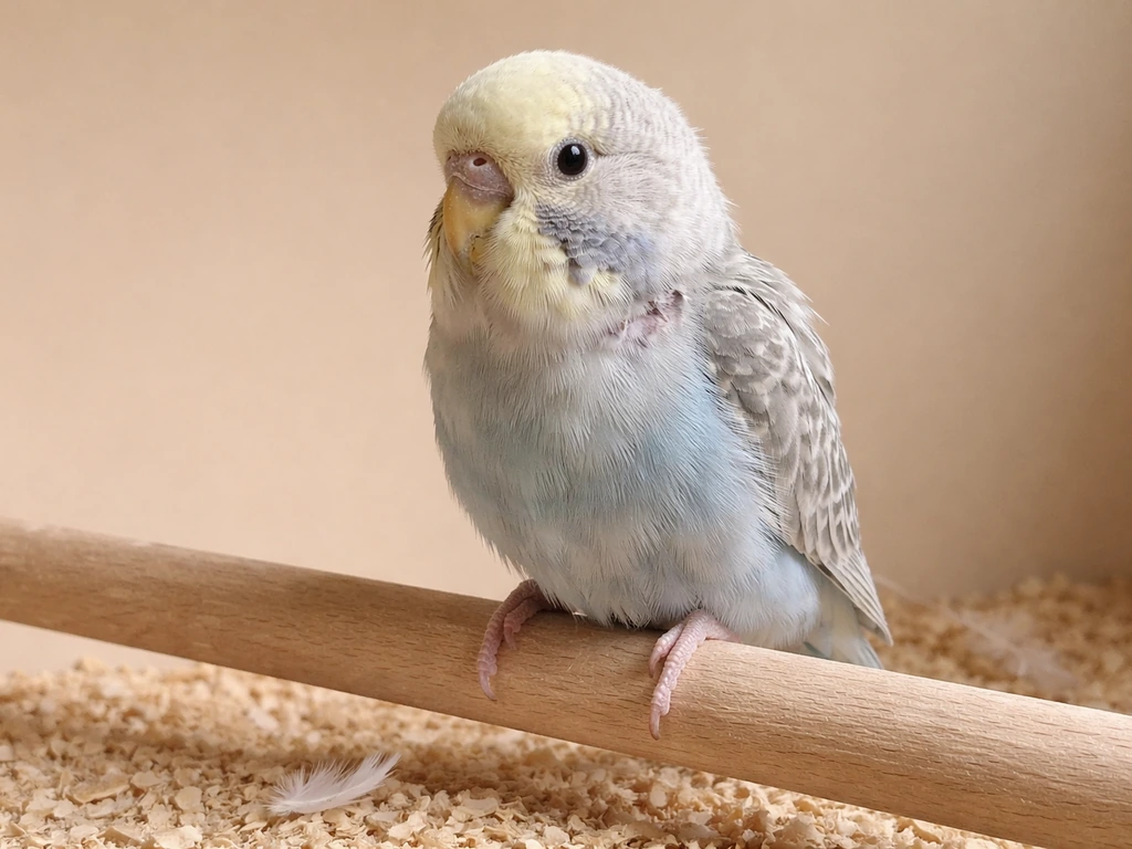 A small pet bird perched in a simple room with dull, patchy-looking feathers and slight dry flakes nearby.