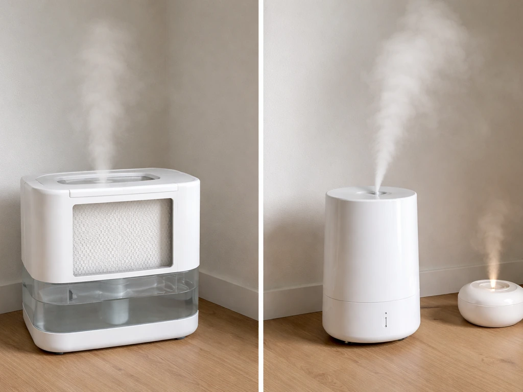 Close-up of a modern humidifier in a simple room near a bird-safe setup, split view style without readable text.
