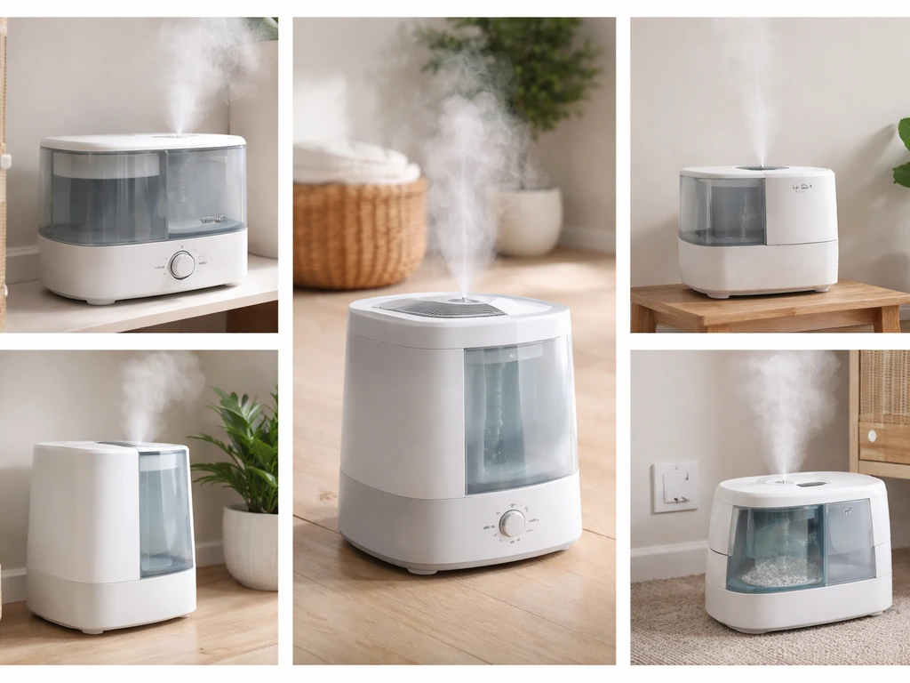 Humidifiers used in a quiet bird room setup, each unit shown clearly on a shelf or floor with safety cues.
