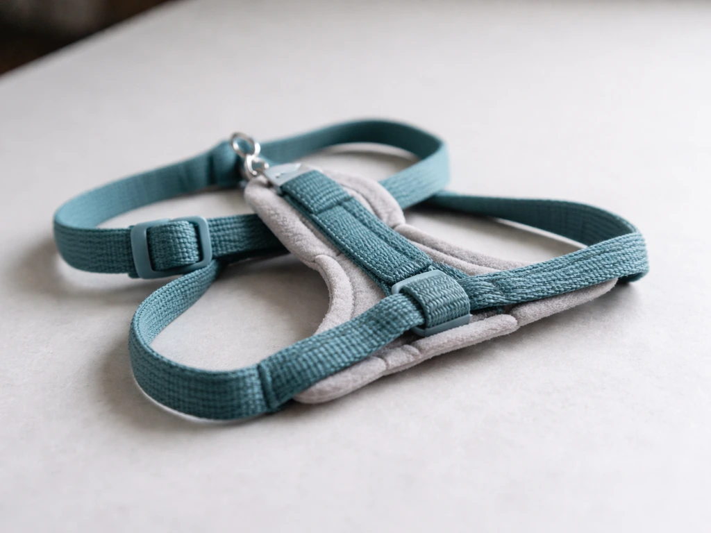 Close-up of a small-bird harness on a tabletop, showing soft woven nylon and non-chafing straps.