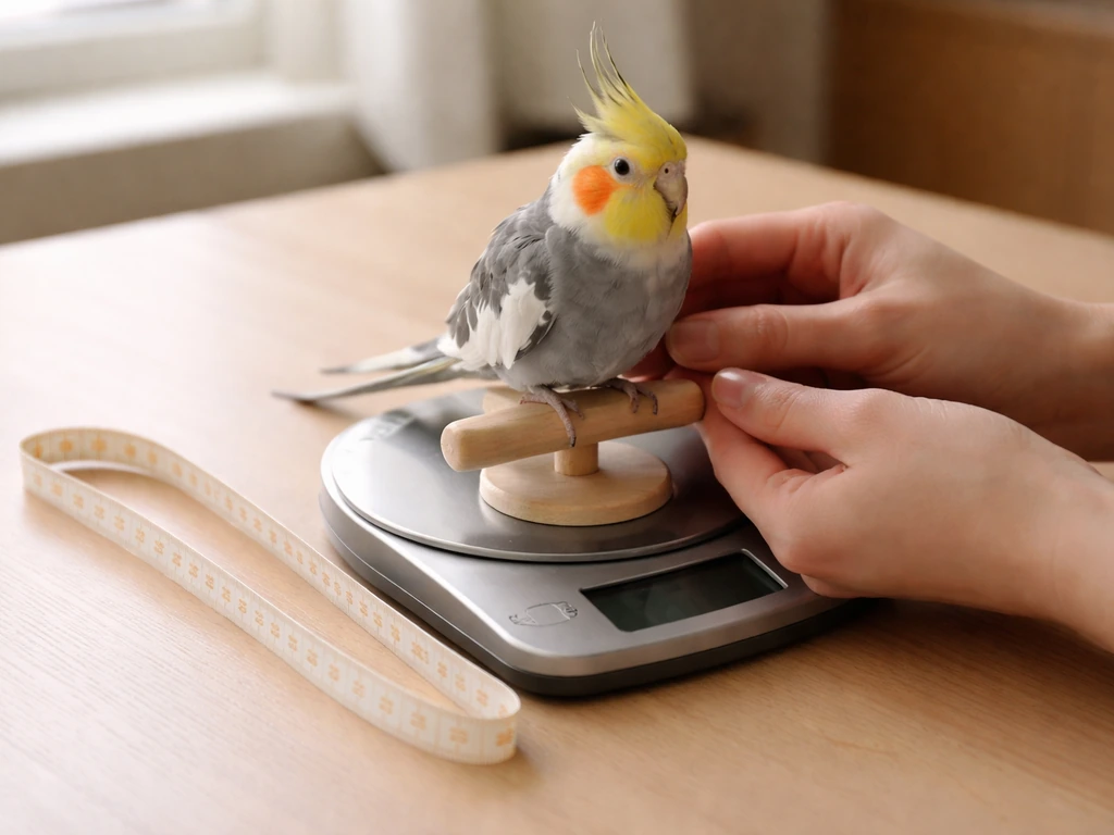 Person weighing a small parakeet on a kitchen scale, with a measuring tape nearby for sizing.