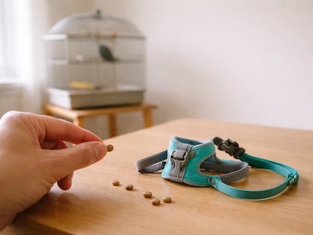 Parrot training setup with a small harness on a table and a hand offering treats near a cage