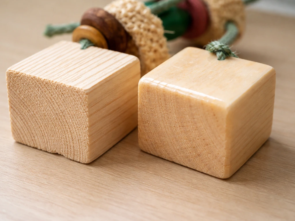 Close-up of untreated wood grain beside a glossy coated wood piece on a simple tabletop.