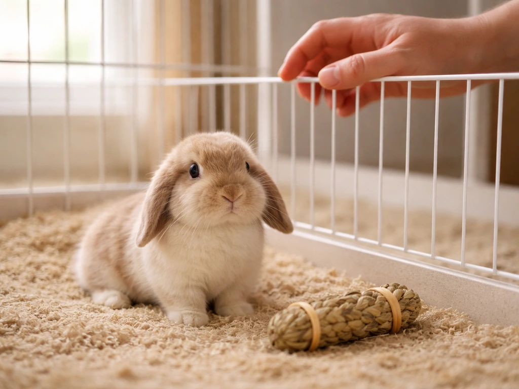 A person supervising a rabbit in a simple pen while a new toy is placed nearby