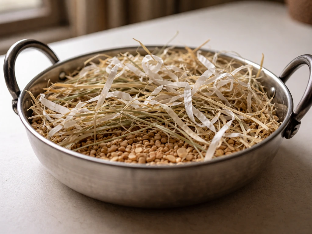 Close-up of a kadai-style bowl filled with layered hay and shredded paper over bird seed pellets