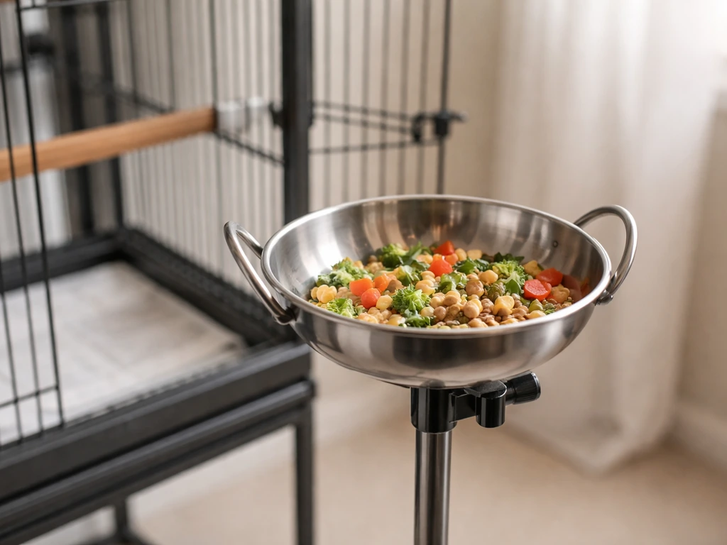 Stainless-steel kadai-style bowl with bird-safe mix placed at perch height near a cage