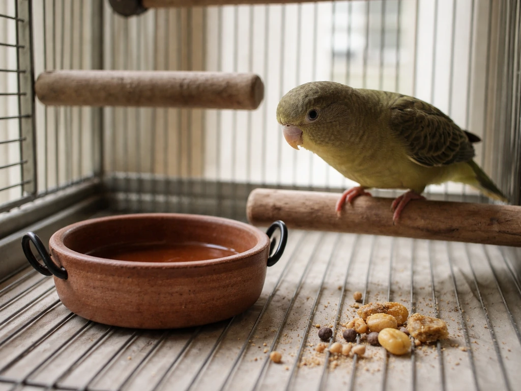 Small parakeet calmly approaches a newly placed bowl inside its cage near familiar treats.