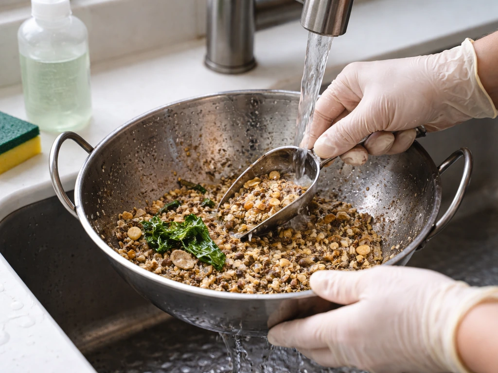 Gloved hands removing old substrate from a kadai-style bowl and rinsing it at a kitchen sink
