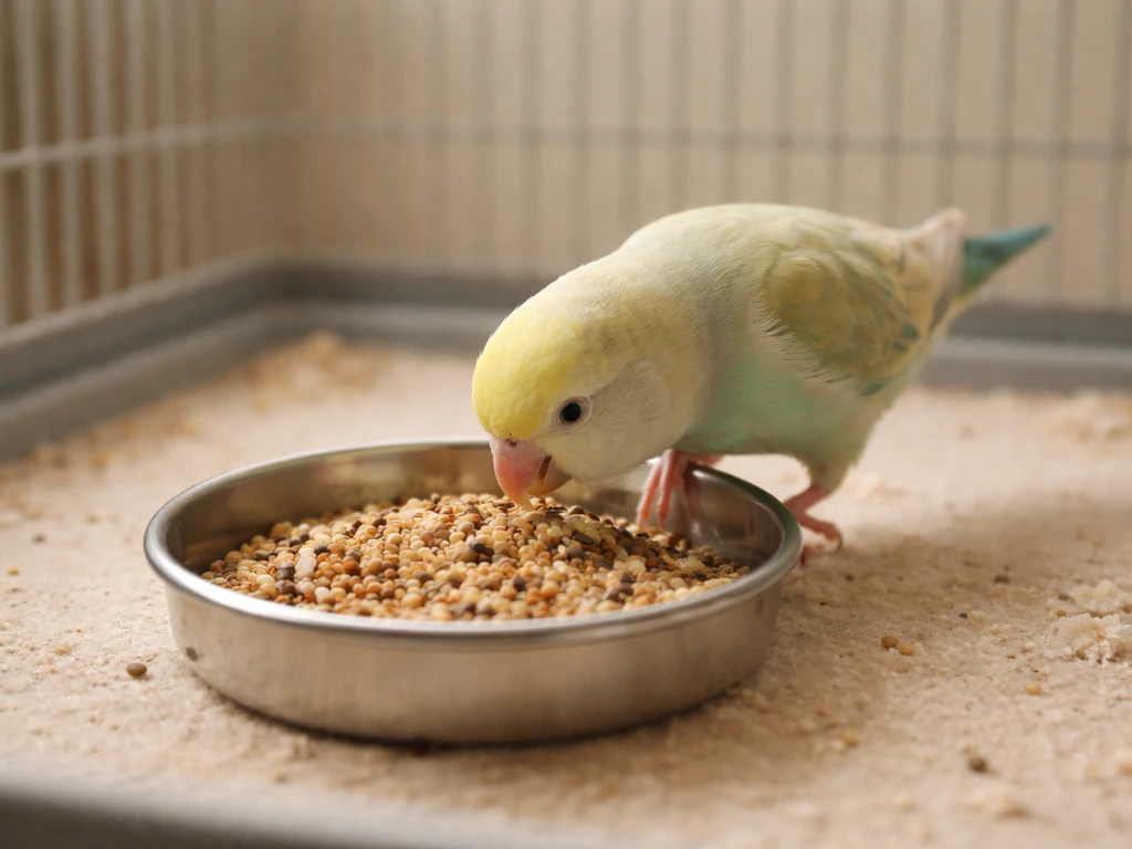 A small pet bird calmly investigates a kadai-style bowl and digs, with less scattered waste around the cage floor.