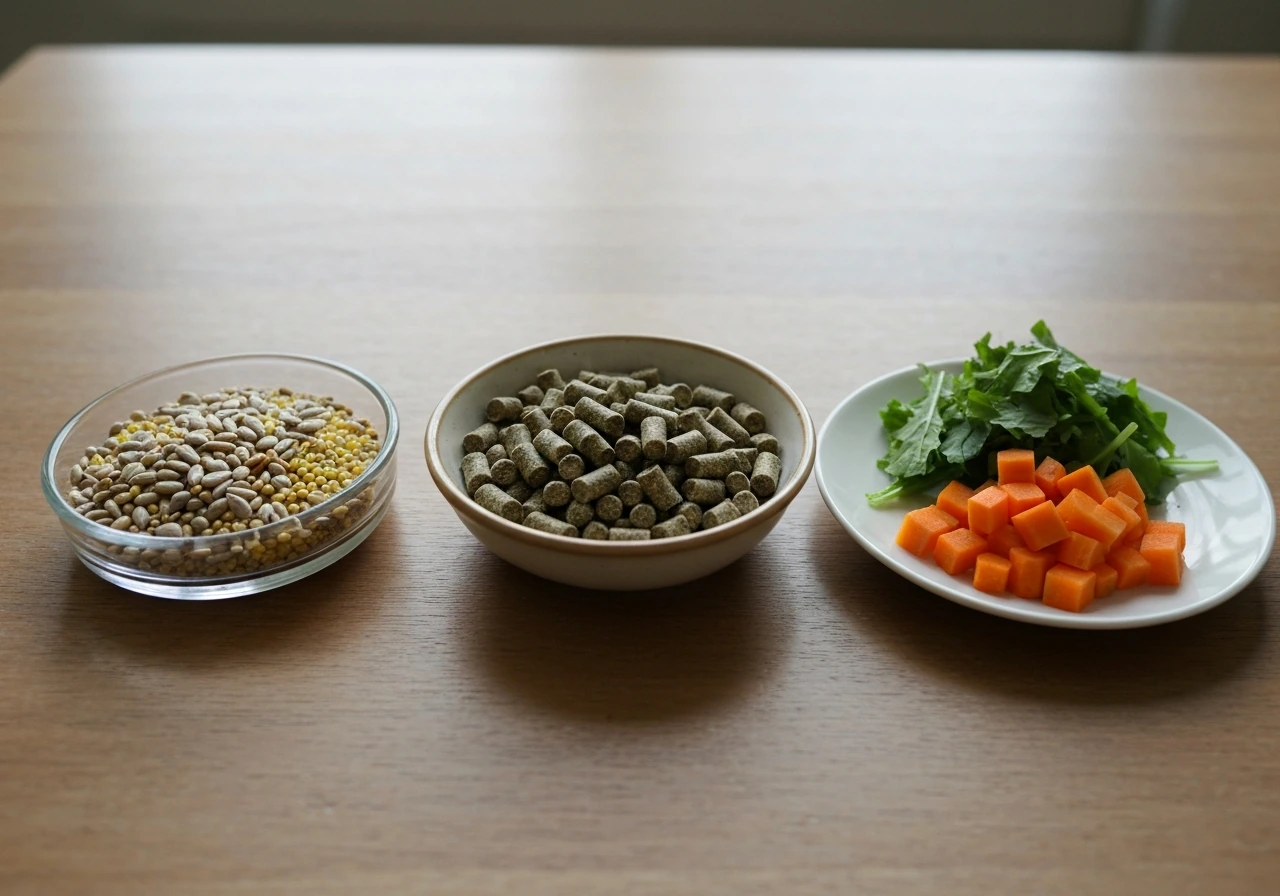 Side-by-side dishes of seed mix, pellets, and chopped vegetables to suggest seeds aren’t a complete diet.