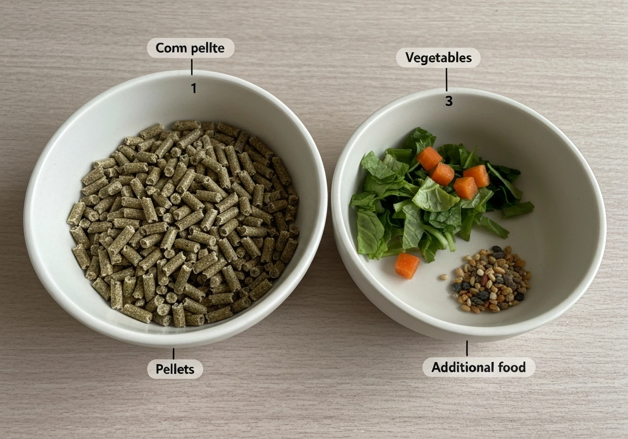 Minimal close-up of three labeled bowls with bird pellets, fresh vegetables, and a small measured seed portion.