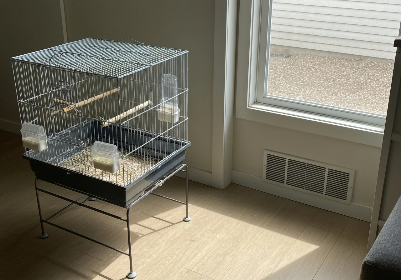 Properly sized cockatiel cage placed safely near a window with safe bar spacing and clean setup.