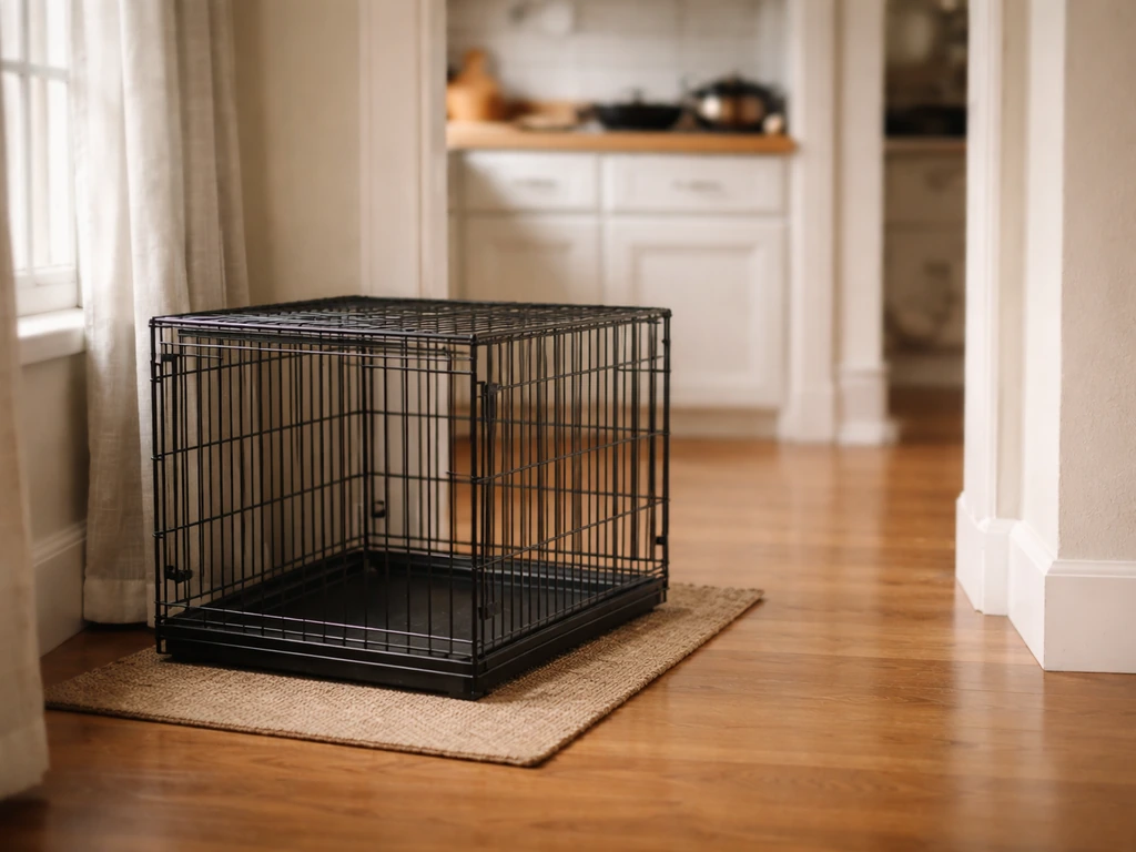 Pet cage placed away from kitchen and drafty window in a quiet home interior.