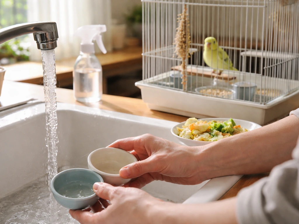 Hands rinsing a bird’s food and water bowls at a sink while checking the bird inside the cage.