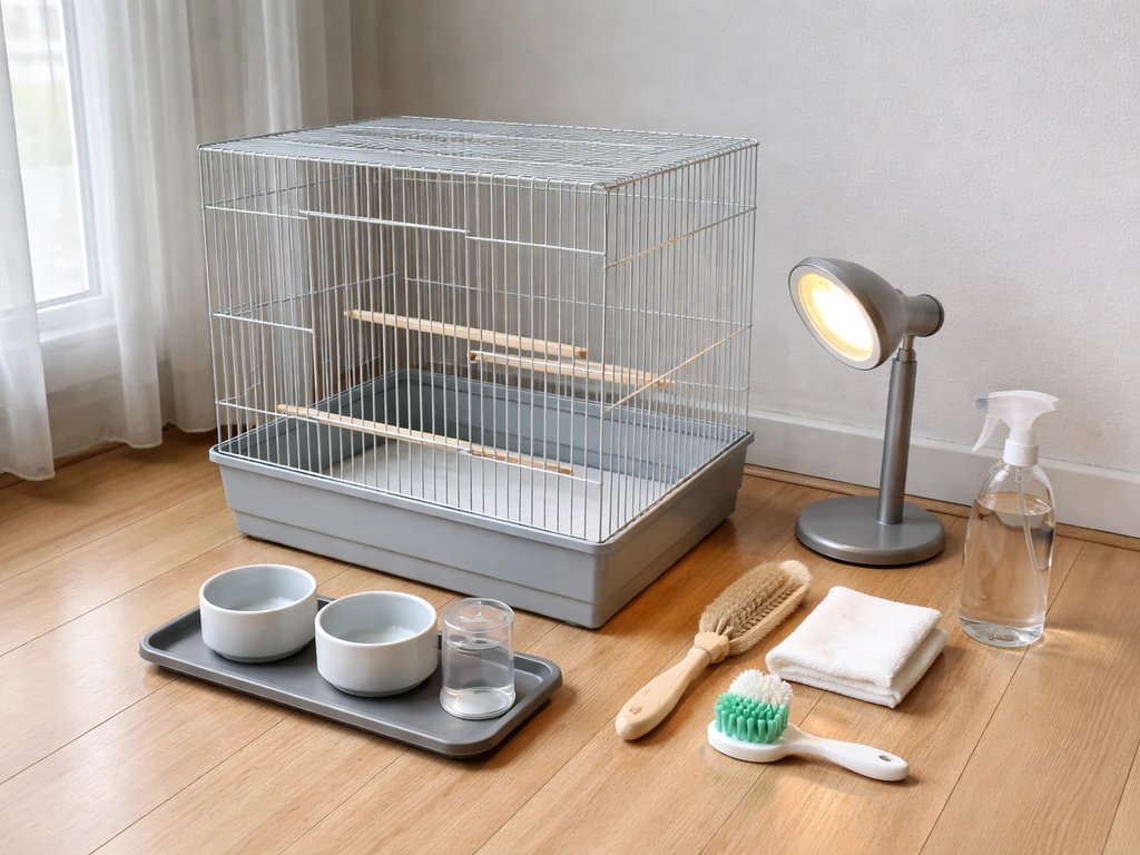 Neatly arranged bird setup items—cage, bowls, perches, and cleaning supplies—ready before a pet bird arrives.