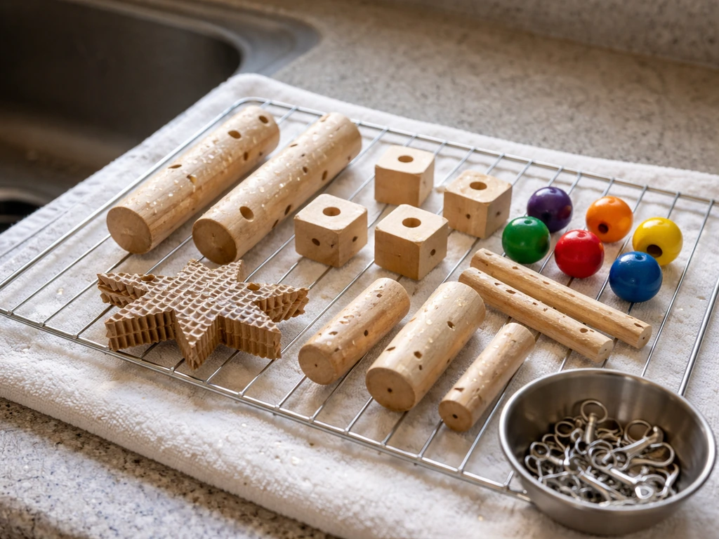 Untreated wood and cardboard bird toy pieces drying on a towel-lined rack near a sink, water droplets visible.