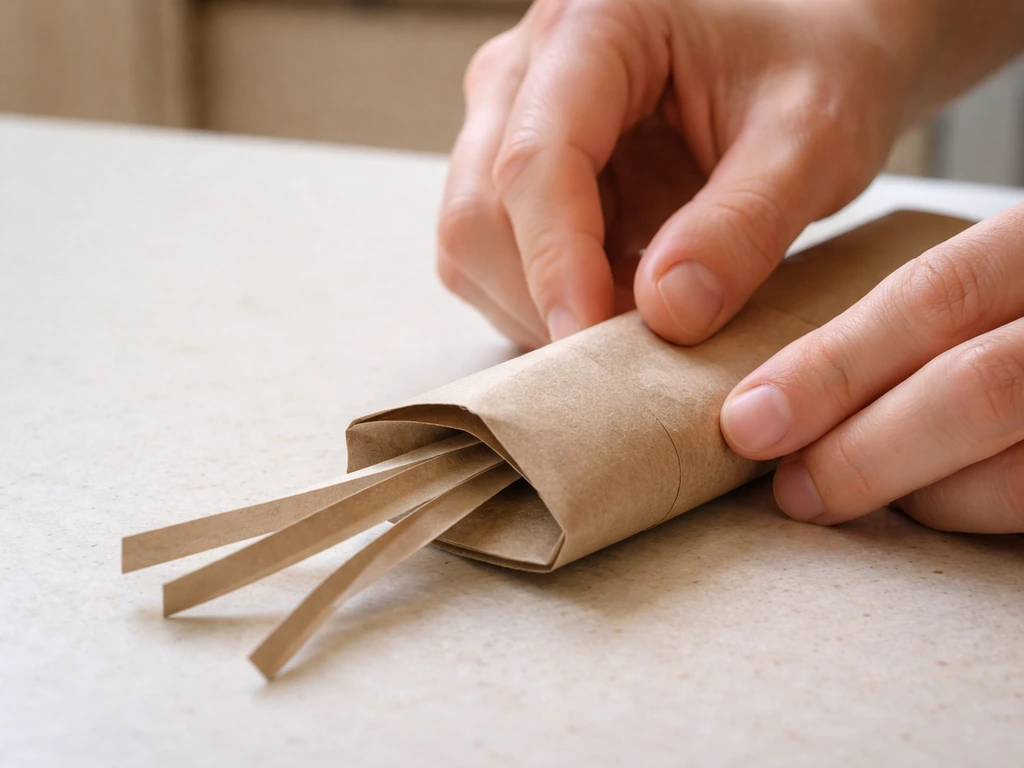 Close-up of hands flattening and folding one end of a cardboard paper towel tube for a foraging toy.