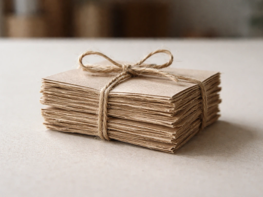 Close-up of bundled unbleached paper strips secured and ready to be shredded