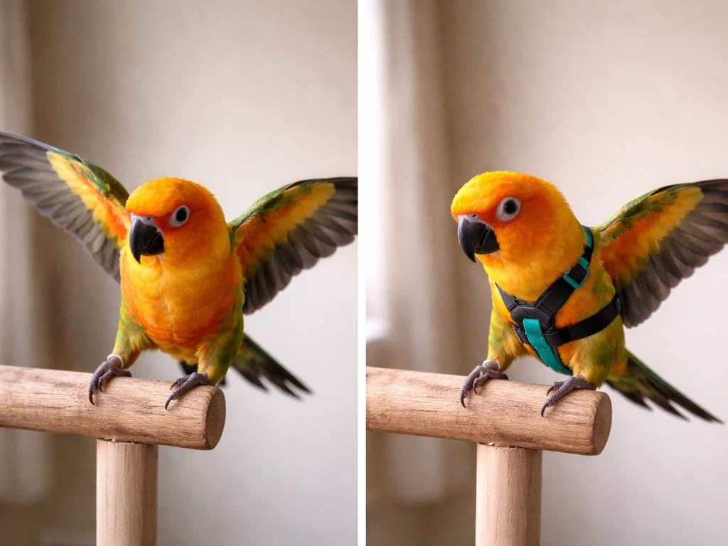 Side-by-side: conure stepping on a perch without a harness vs wearing a simple bird harness.
