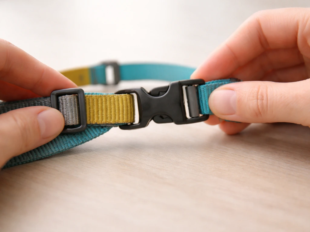 Close-up of a quick-release bird harness buckle being fastened and unfastened on a tabletop.