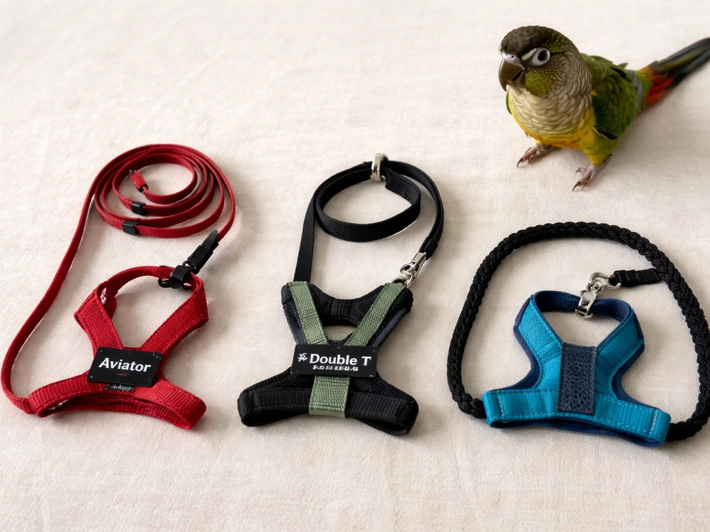 Three conure harnesses laid out on a cloth with a small green conure nearby, natural light.