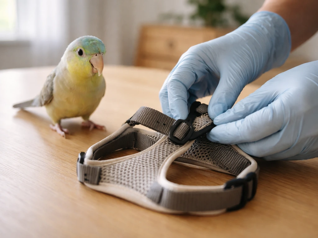 A small pet bird on a table wearing a dog harness, with hands adjusting the chest loop for proper fit