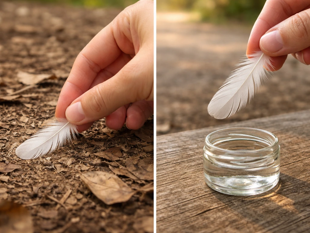 A hand holding a single found shed feather beside another feather held in a small glass dish