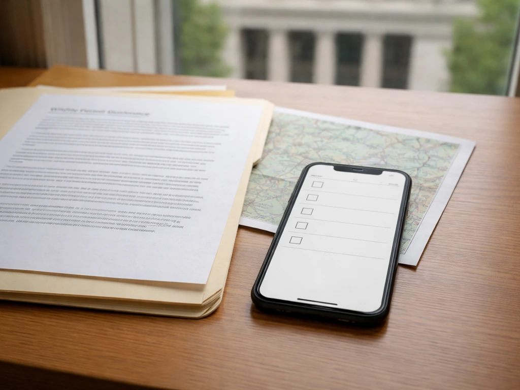 Open folder and map on a desk beside a phone with a blank checklist screen, suggesting wildlife permit authority steps.
