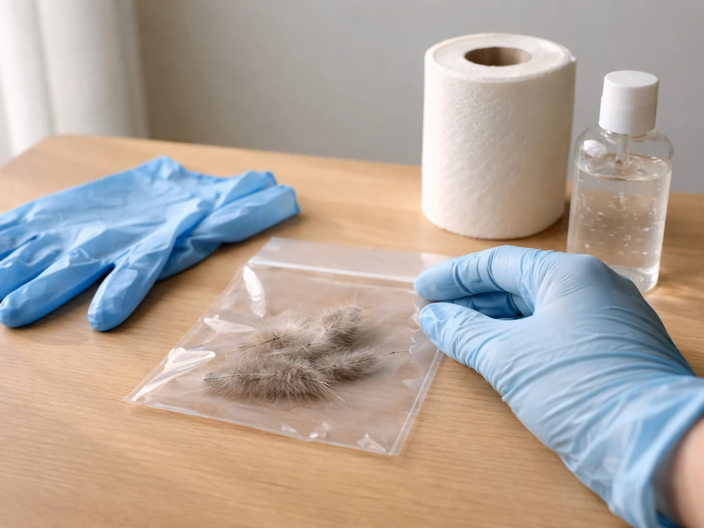 Gloved hand and sealed bag on a clean table, prepared for safe handling of found feathers.