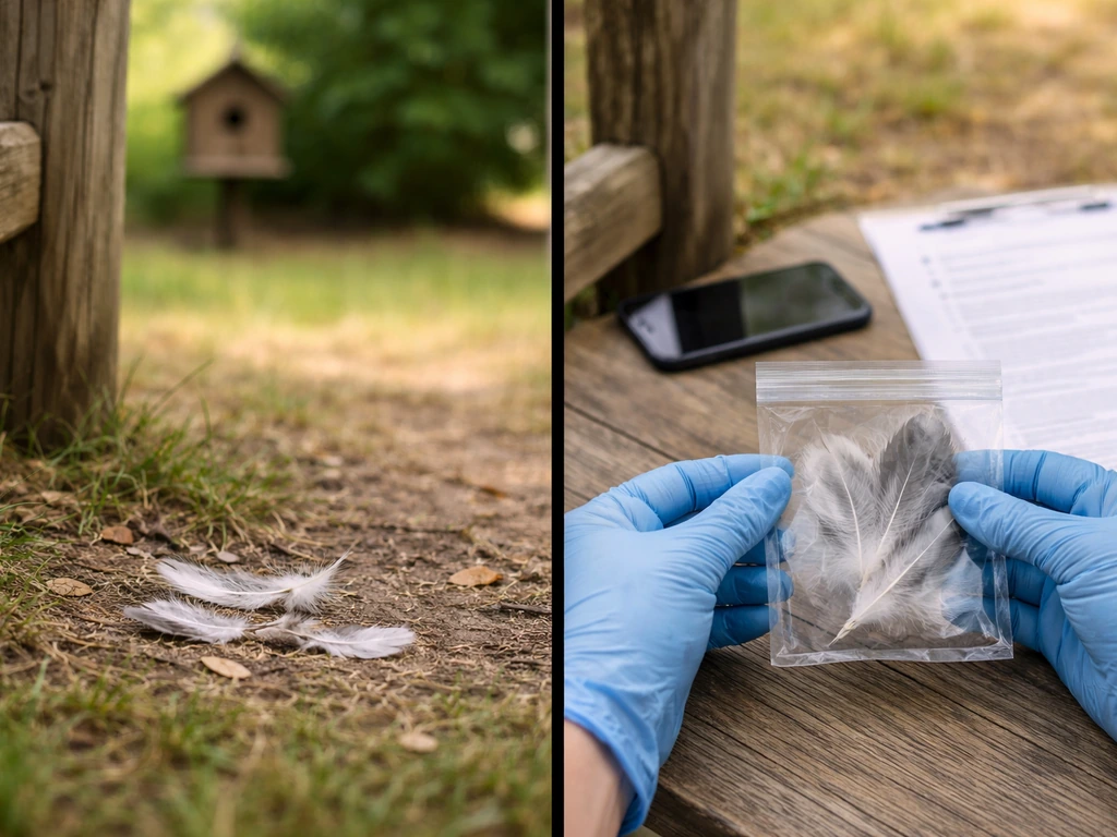 Split-screen: loose feathers suggest a wrong assumption vs gloved hands bagging feathers for proper compliance.