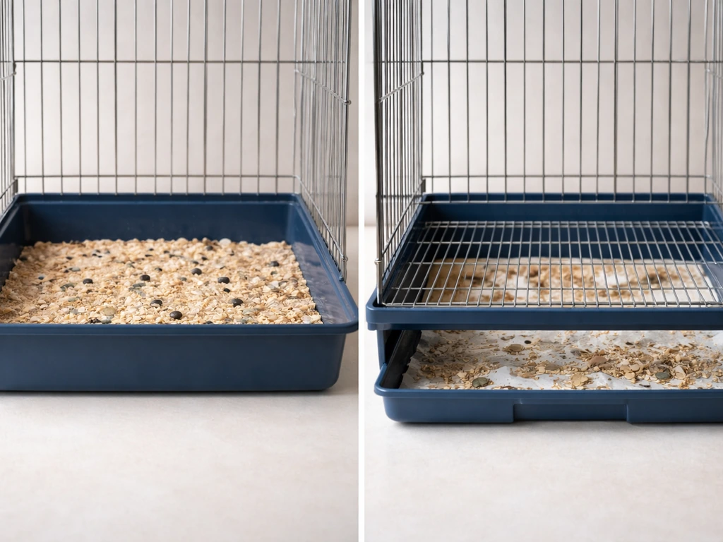Side-by-side view of two bird cages showing litter in a floor pan vs under a grate tray.