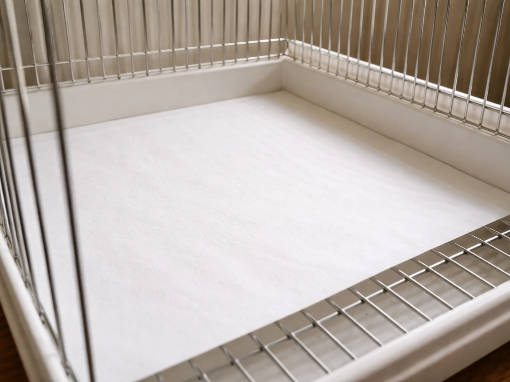 Paper liner sheet laid in a grate-bottom cage tray under small bird bars
