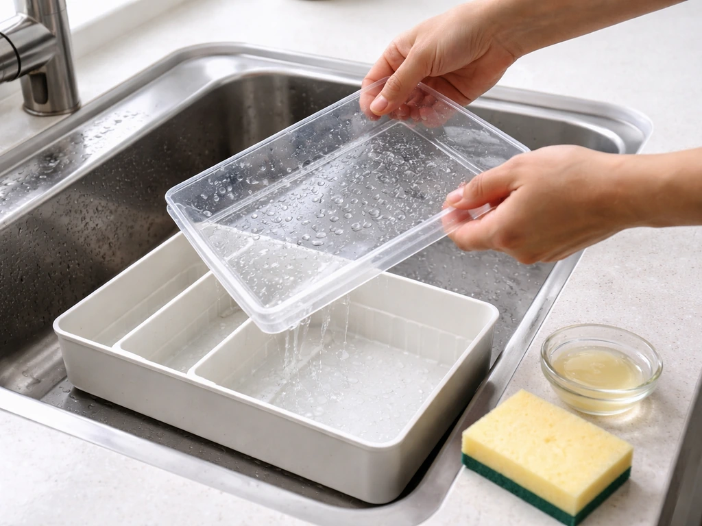 Kitchen sink scene showing a removable tray liner being taken out, with the tray being rinsed and air-dried