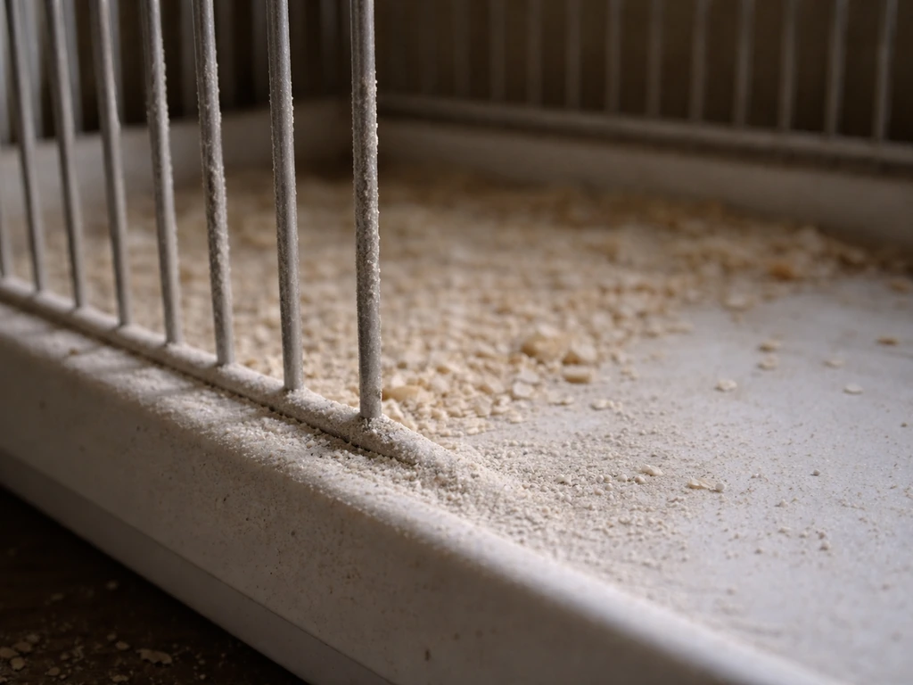 Close-up of bird cage bars and tray with powdery dust residue from loose bedding